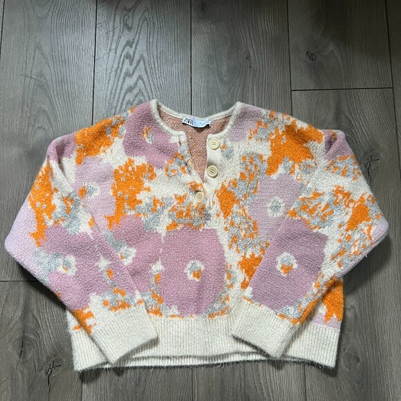 Zara Quarter Button Pink Orange Floral Sweater Size Small - Picture 1 of 4